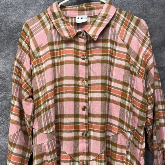 Arula Plaid Flannel Button Down Shirt Dress Plus Size X Pink Brown Country - Picture 2 of 11